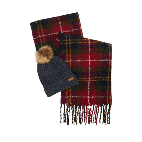 Damen Set Barbour Hut + Schal Tartan Saltburn Rot Mehrfarbig