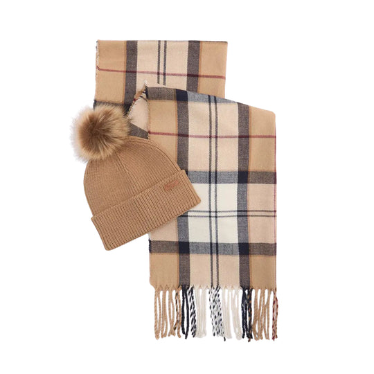 BARBOUR Set Regalo Donna Cappello DOVER + Sciarpa HAILES Tartan - Beige/Nocciola