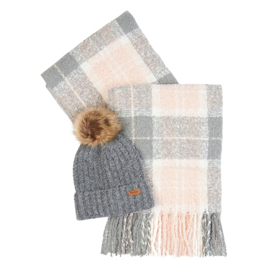BARBOUR Set regalo Donna Berretto e Sciarpa Tartan SALTBURN - Grigio/Rosa