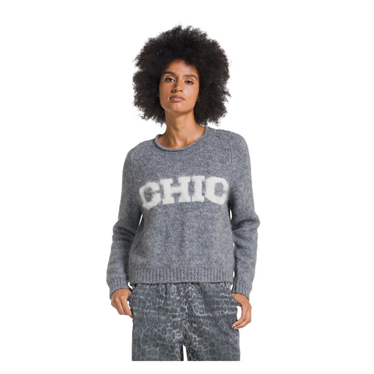 DEHA Maglione Girocollo con scritta Jacquard - Grigio/Panna