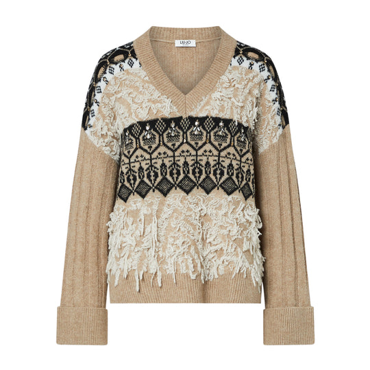 LIU-JO WHITE Jacquard-Pullover mit Schmuckstickereien - Beige/Mehrfarbig