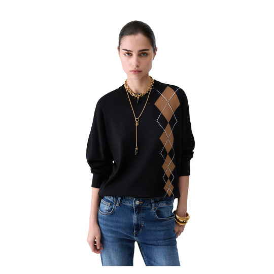 LIU-JO WHITE Pullover mit geometrischem Intarsienmuster - Schwarz/Beige