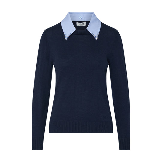 LIU-JO WHITE Pullover mit Popeline-Detail - Blau/Hellblau