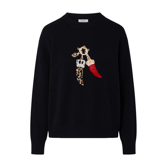LIU-JO WHITE Maglia Jacquard in lana con Charm - Nero