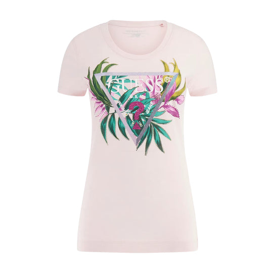 Dames T-shirt Guess Slim Logo Driehoek Roze