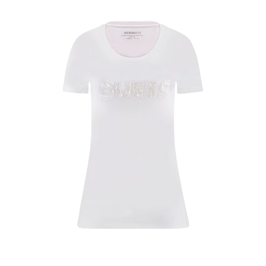 Dames T-shirt Guess Logo Pailletten Wit