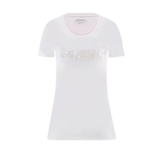 T-shirt Donna Guess Logo Paillettes Bianco