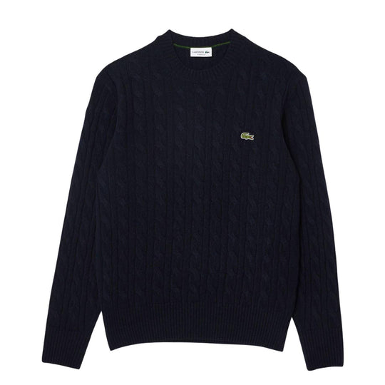 Maglione Uomo Lacoste Trecce Lana Cardata Blu Navy