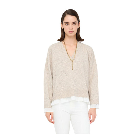 Maglia Donna Liu-Jo Doppia Scollo V Profondo Beige/Bianco
